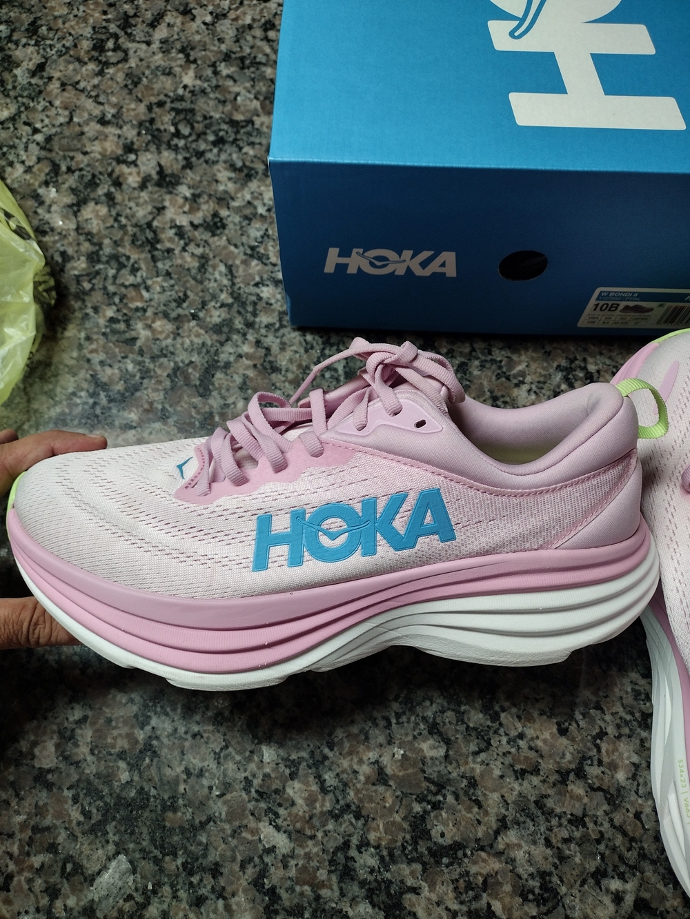 HOKA Bondi 8 womens size 10B like new in box 1127952/PTWL light pink with blue